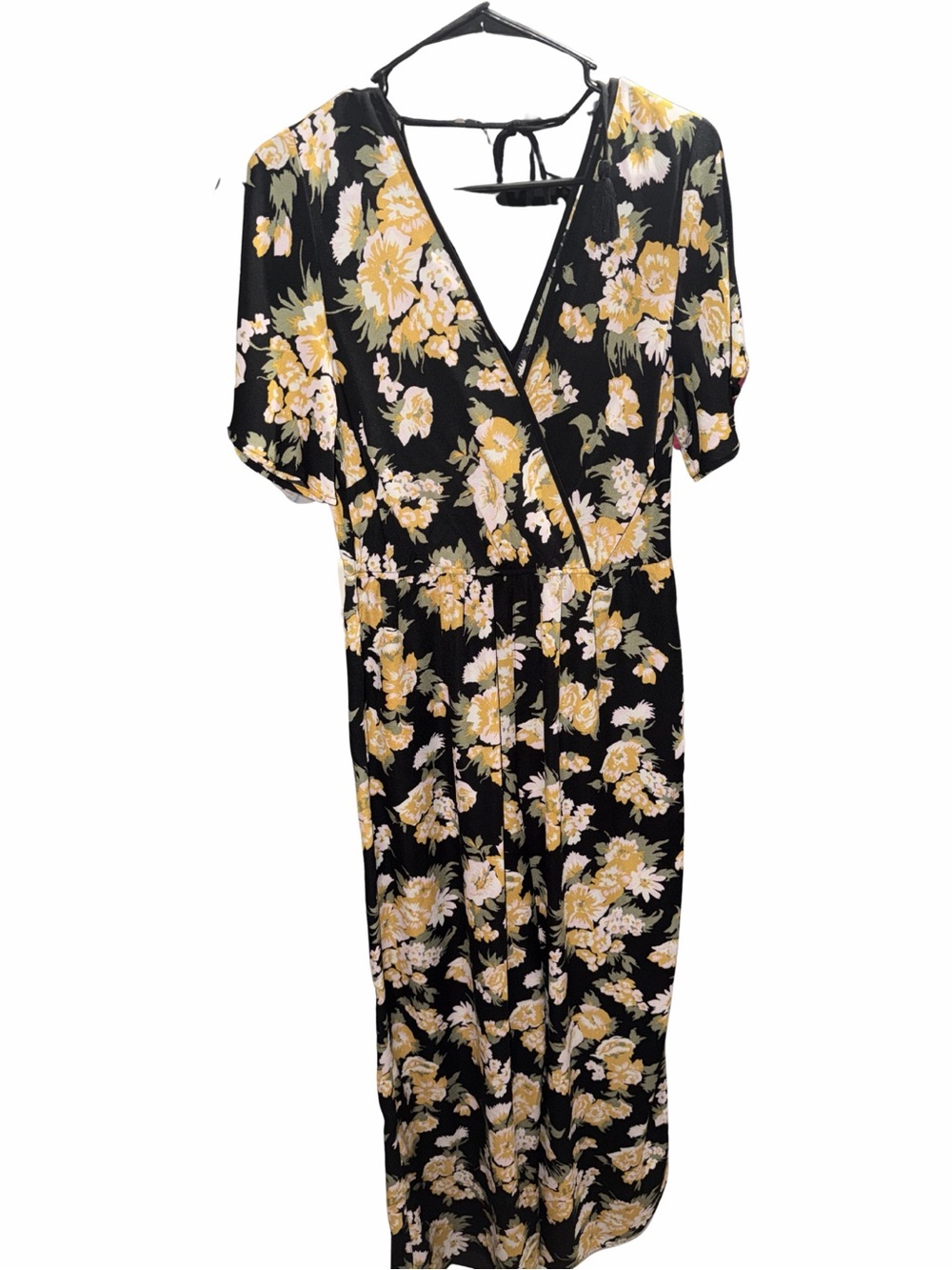 Xhilaration Black/Yellow Floral Wrap Jumpsuit